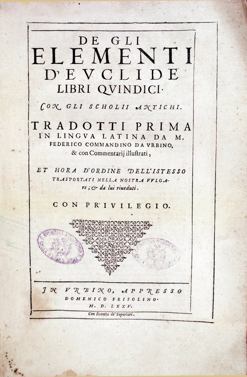 Frontispice af bind XV "Elementer" af den græske matematiker Euklid (3. århundrede f.Kr.) af Italian School