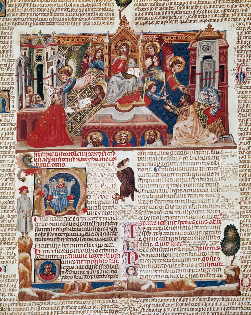 Frontispice side af manuskriptet til "Decret de Gratien" ("Concordia discordantium canonum" eller "Decretum Gratiani") fra 1140 og regulerer love og kanoner for den romersk-katolske kirke. 1300-tallets Siena, Biblioteca degli Intronati af Italian School