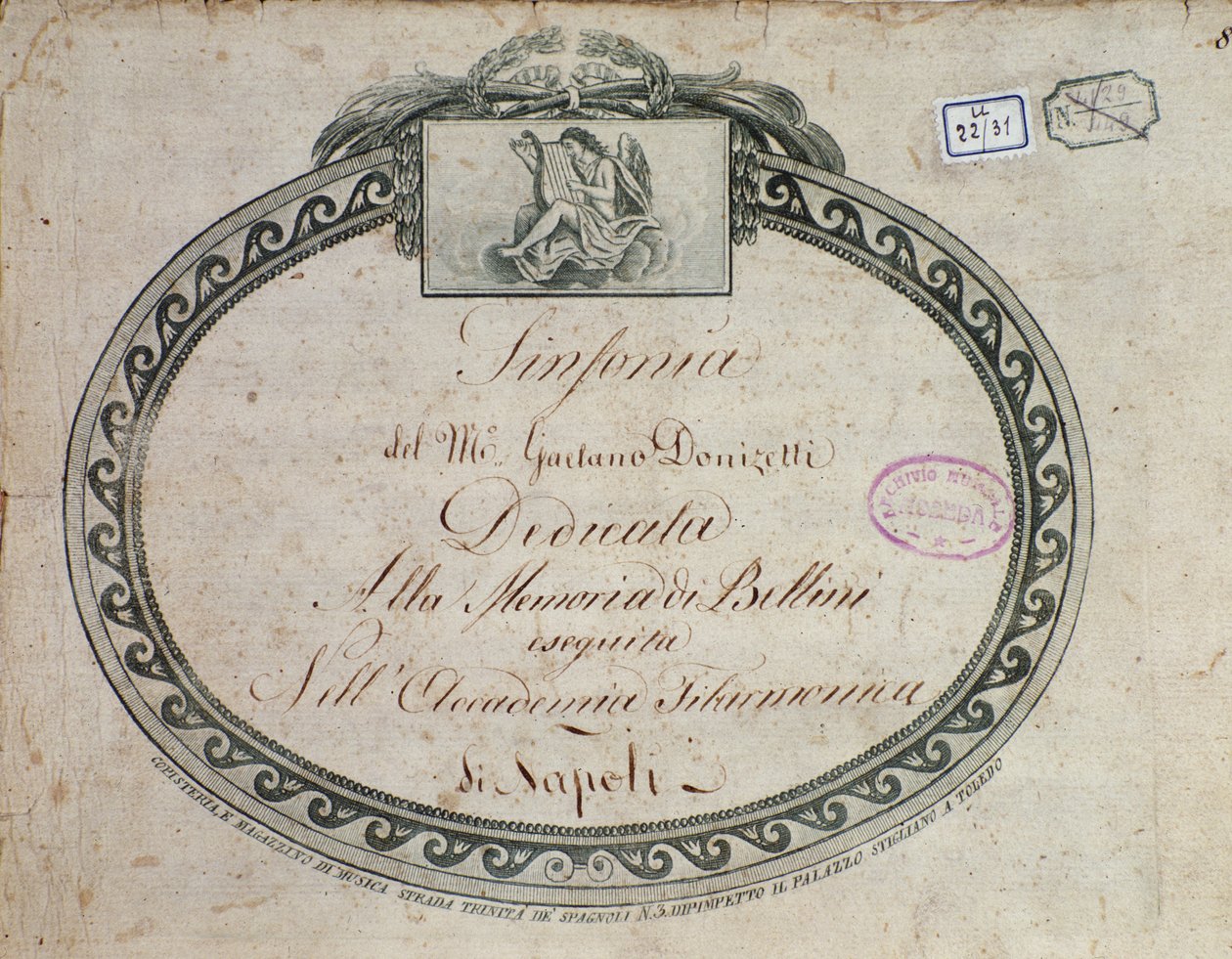 Frontispice-detalje af "Symfoni i Es-dur: dedikeret til minde om Bellini" af Gaetano Donizetti (1797-1848). af Italian School