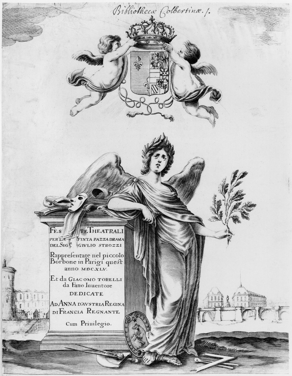 Frontispice til Feste theatrali per la Finta Pazza opført i 1645 på Theatre Petit Bourbon i Paris af Italian School
