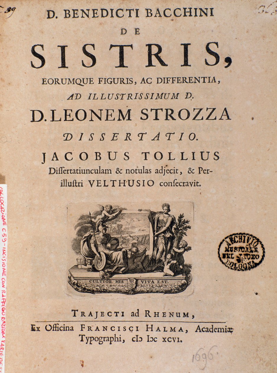 Frontispiece from "" De sistris "" by Benedictus Bacchiniusdani af Italian School
