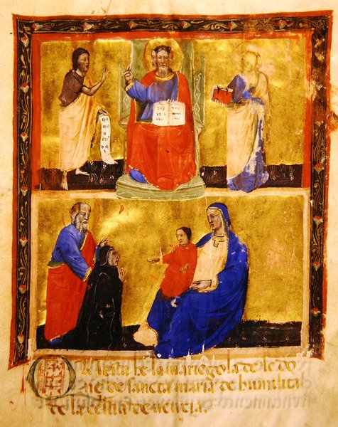 Frontispice, fra en Mariegola fra læglauget i Madonna dellUmilita-broderskabet, 1391 (blæk & bladguld på vellum) af Italian School