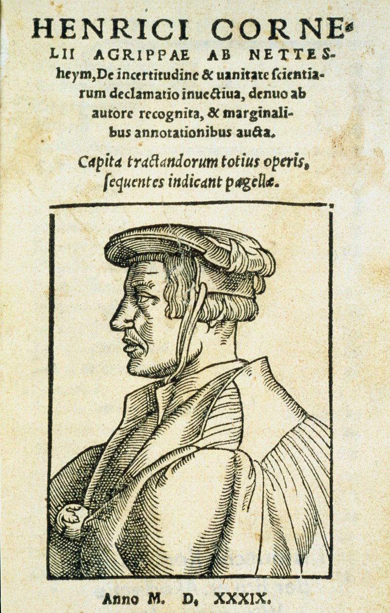 Frontispice af De Incertitatem et Vanitate declamato invectiva, af Heinrich Cornelius Agrippa, 1539 (tryk & træsnit på papir) af Italian School
