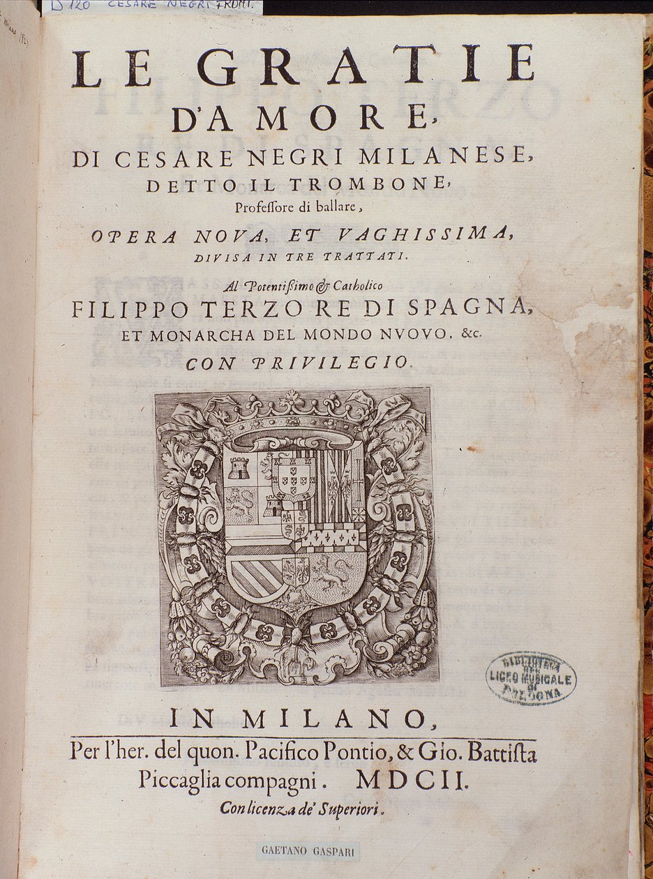 Frontispice af Le Gratie dAmore (Le Grazie dAmore) af den italienske danser Cesare Negri kaldet Il Trombone (1536-1604), traktat om dans af Italian School