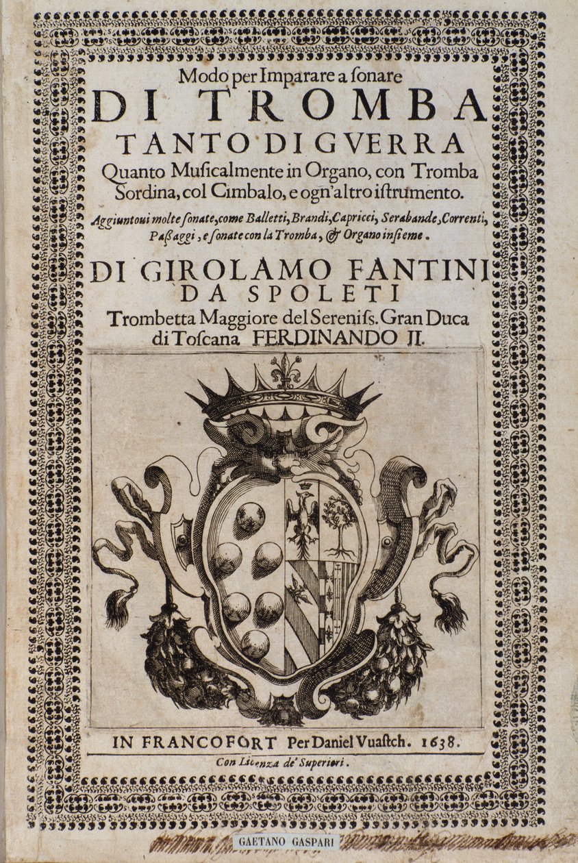 Frontispice af måde at lære trompetspil metode til at lære trompet af Girolamo Fantini (1600-1675) af Italian School