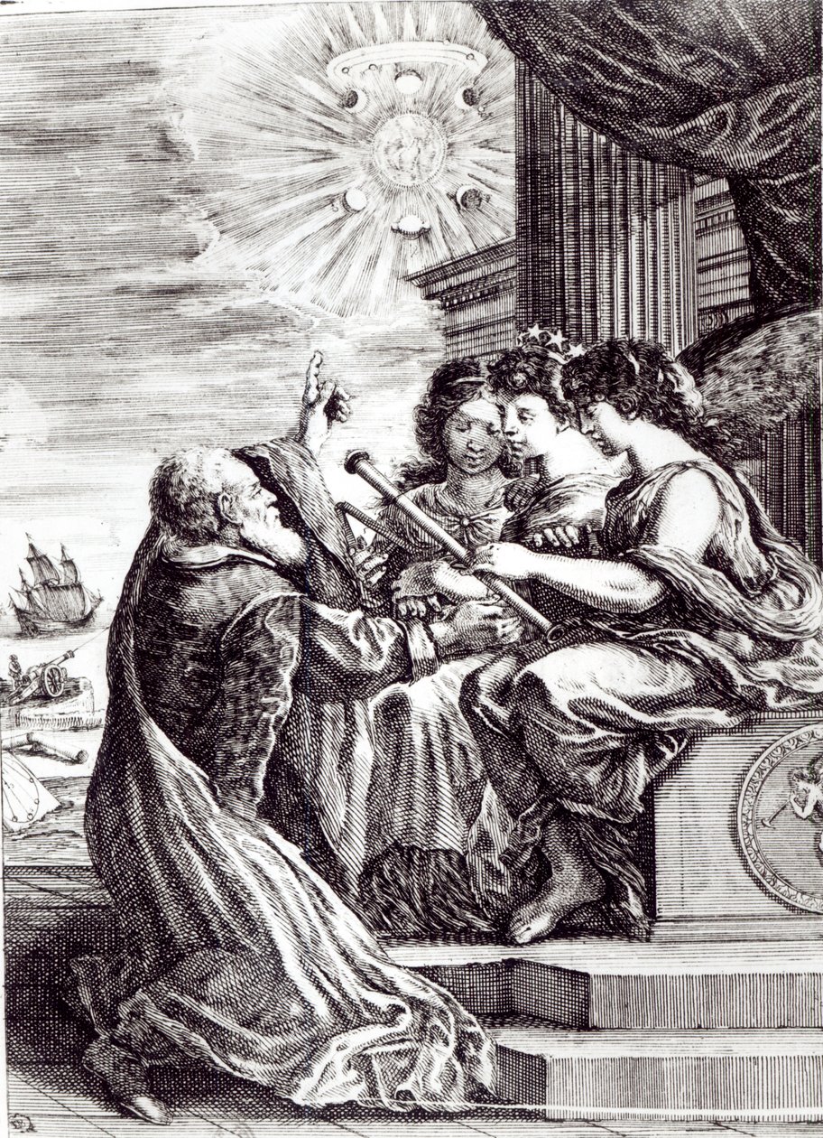 Frontispice af Opere di Galileo Galilei, udgivet i Bologna i 1656 af Italian School