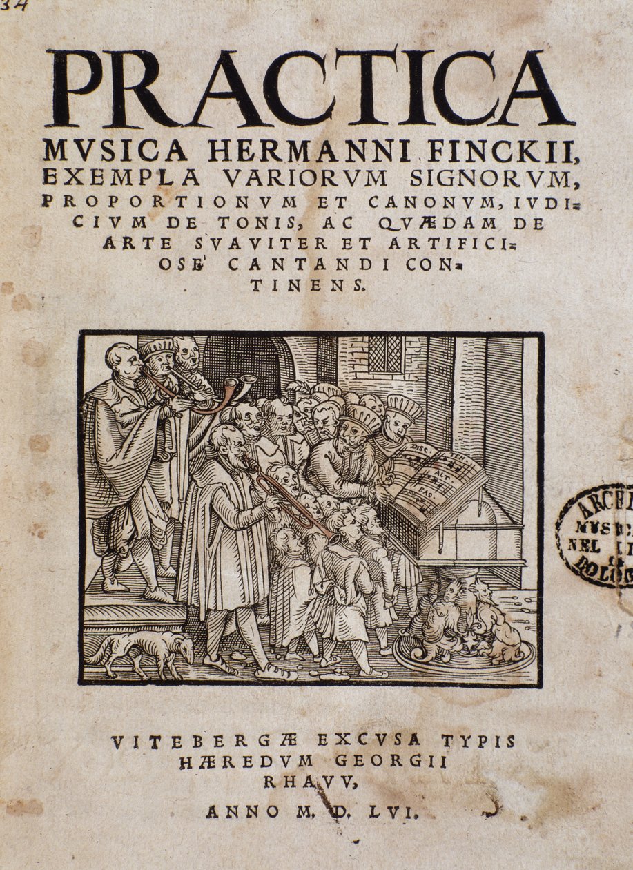 Frontispice of Practica musica af Hermann Finck (1527-1558) tysk komponist og musikteoretiker af Italian School