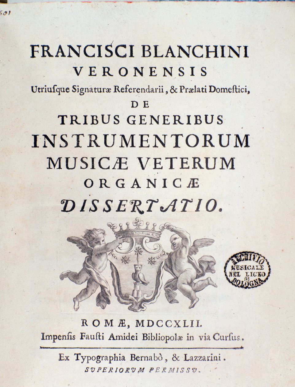 Frontispiece of “” by Tribus Generibus Instrumentorum Musicae Veterum ”” ”work about old music instruments by Francesco Bianchinidani af Italian School