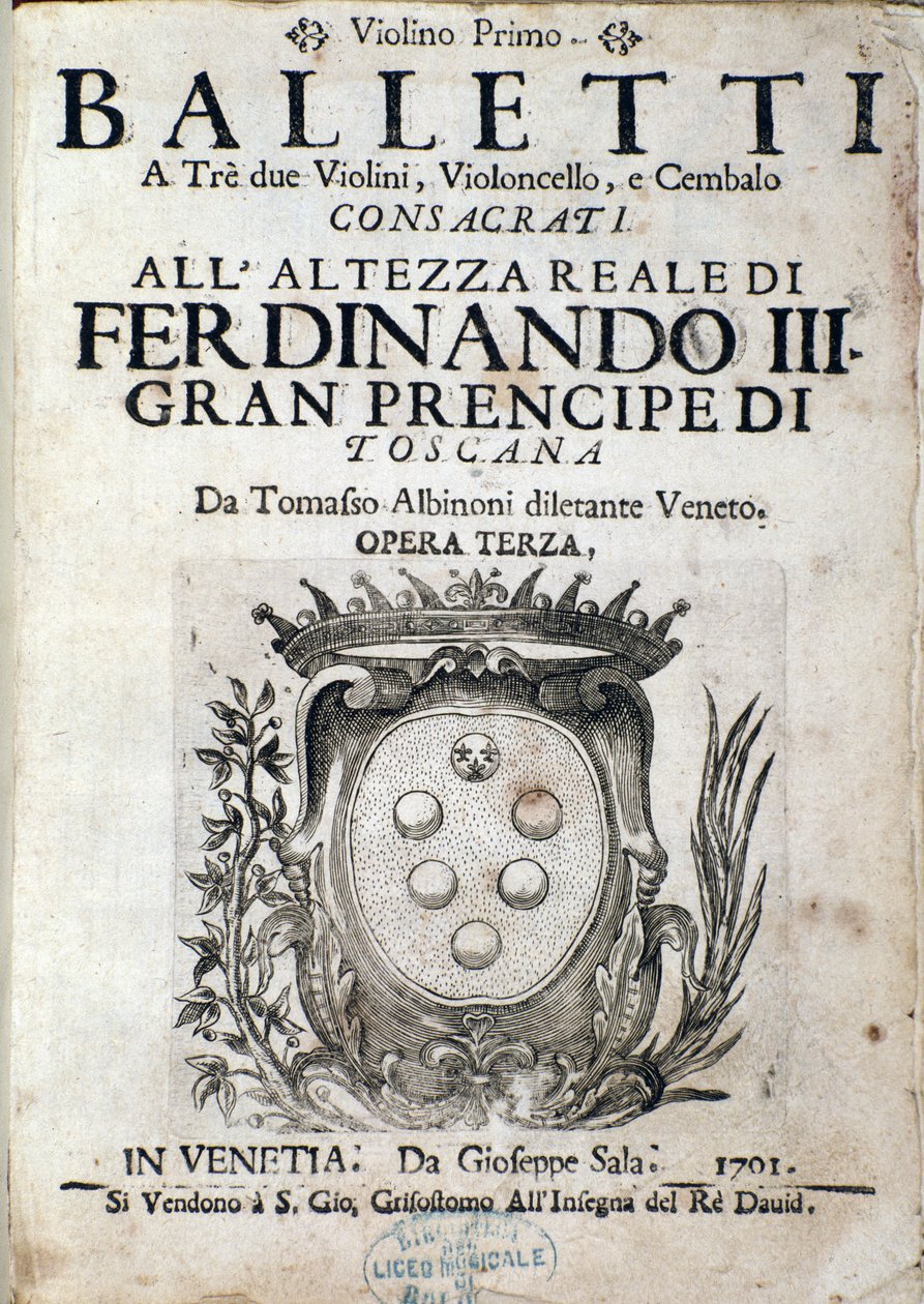 Frontispice af musikpartitur af Balletti a tre, opera III af Tomaso Albinoni (1671-1750) af Italian School