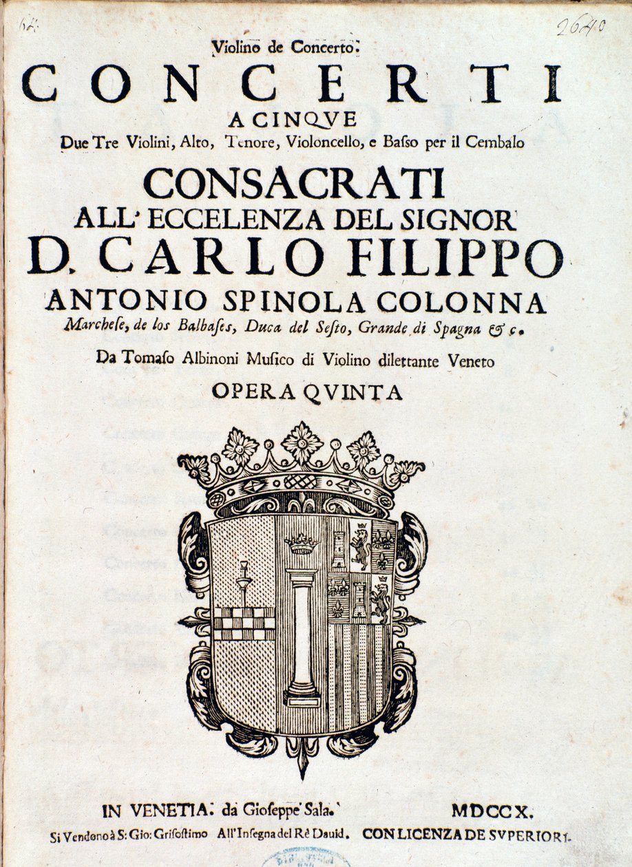 Frontispice af musikalsk partitur af "Concerti a cinque, opera 5" af Tomaso Albinoni af Italian School