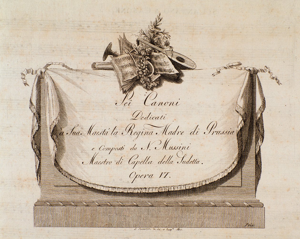 Frontispice af musikpartitur af Sei canoni af den italienske komponist Natale Mussini (1765-1837) dedikeret til Dronningen af Preussen af Italian School