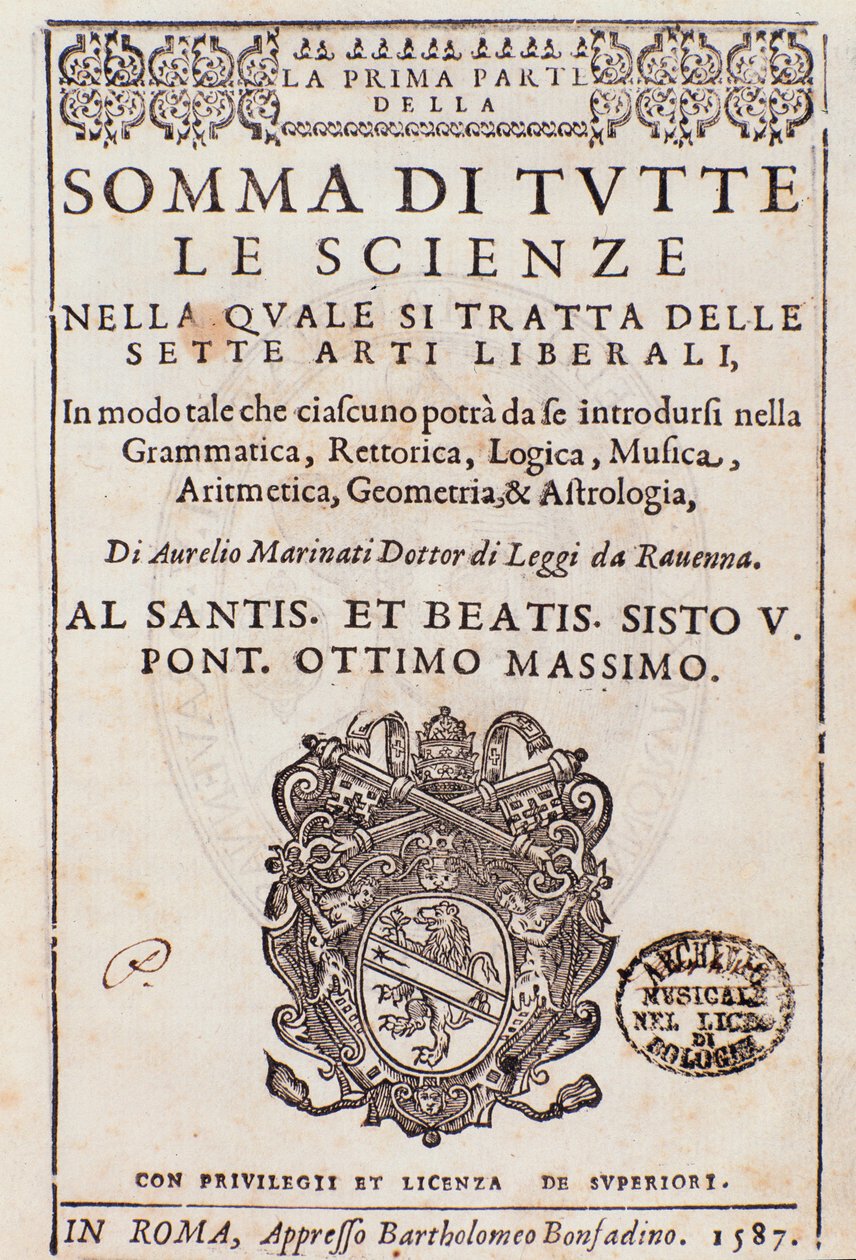 Frontispice taget fra Sum of all sciences, essay om liberal arts, af Aurelio Marinati af Italian School