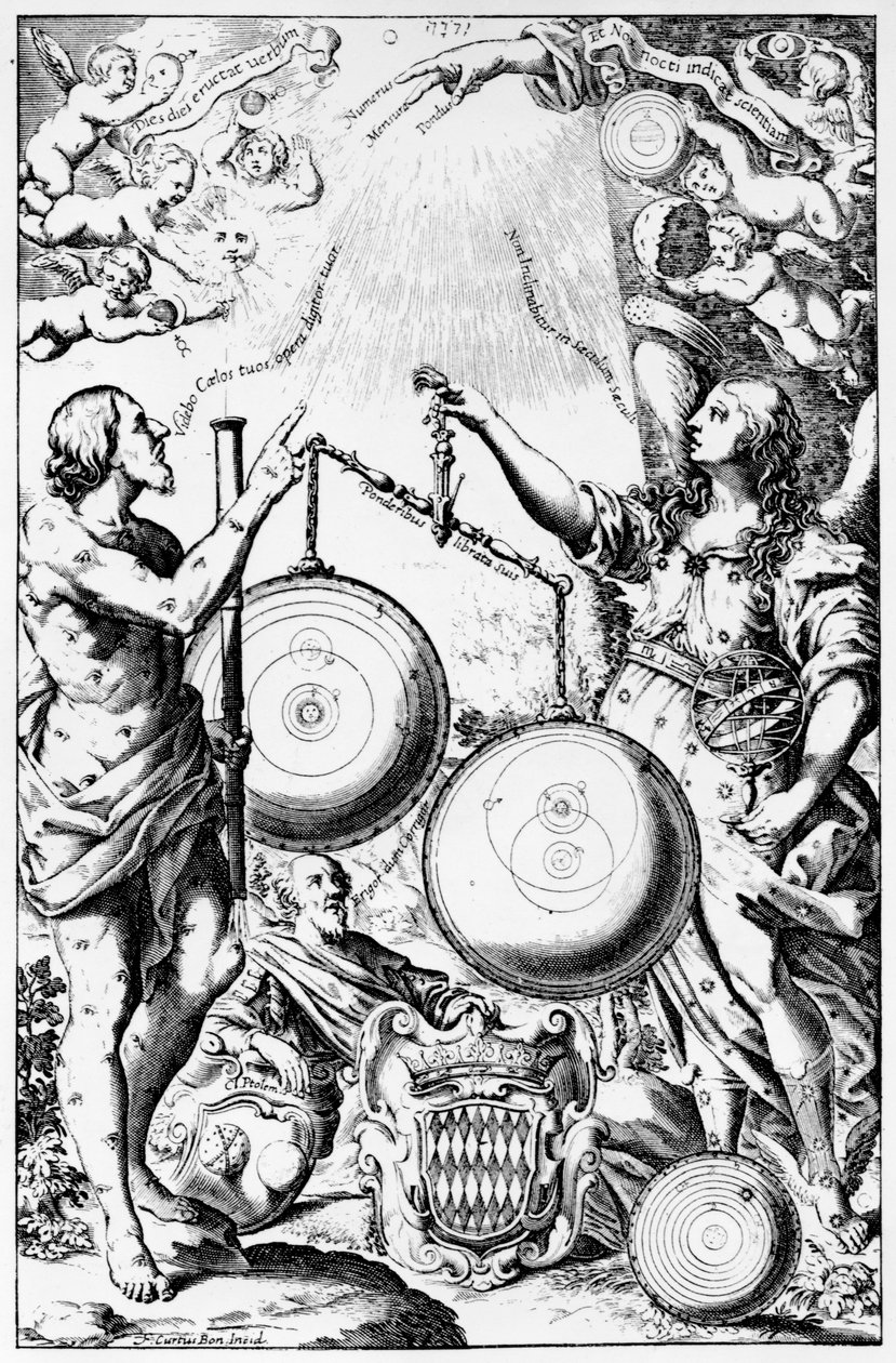 Frontispice til Almagestum Novum af Giovanni Battista Riccioli, udgivet i 1651 af Italian School