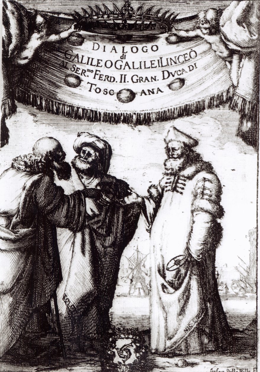Frontispice til Dialog om de to største systemer i verden af ​​Galileo, udgivet i 1632 af Italian School