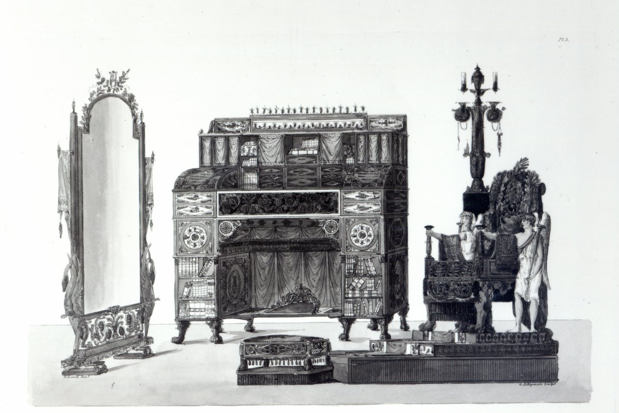 Møbler i græsk stil fra arkitektoniske dekorationer af Gaetano Landi, graveret af G. DArgenzio, 1810 af Italian School