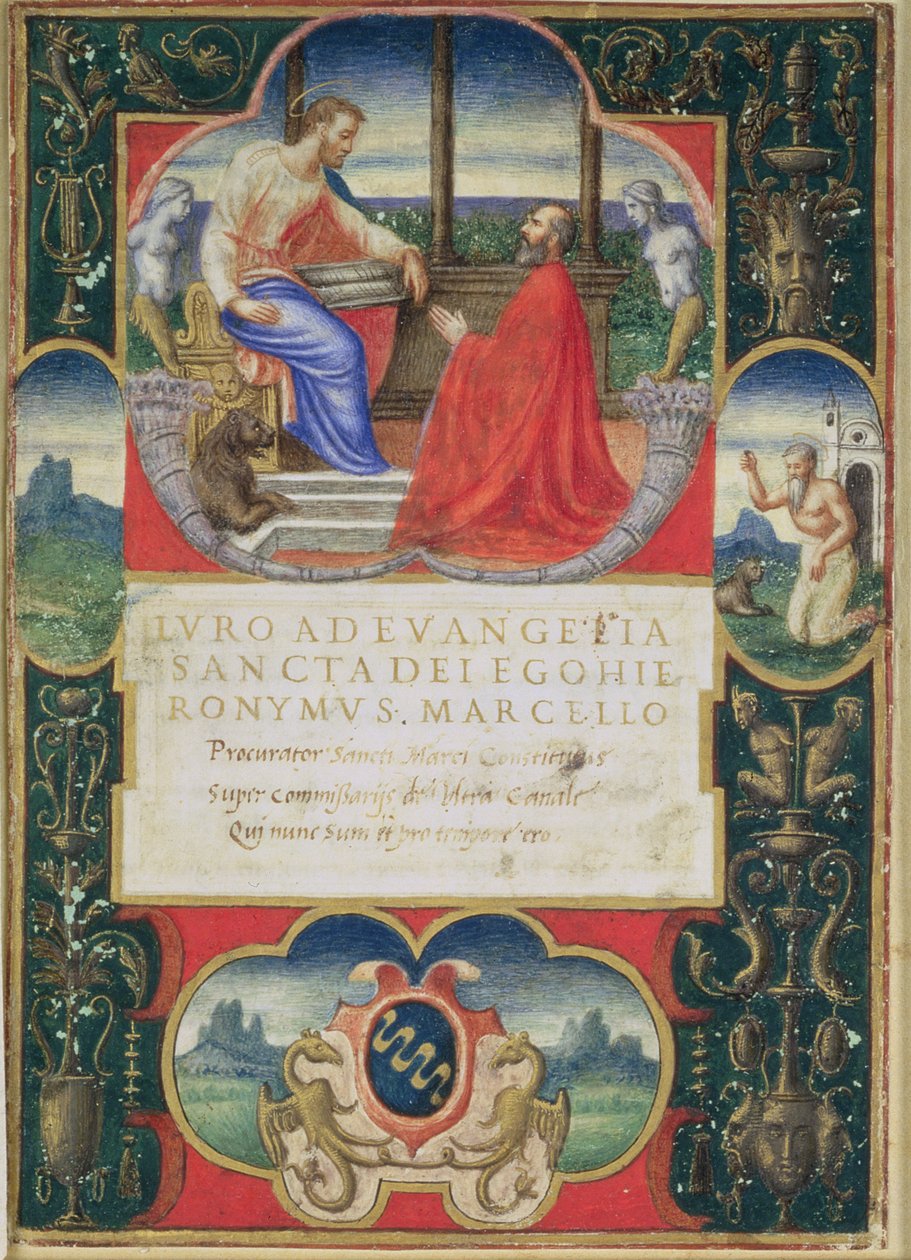 G. Marcello knæler foran St. Marco og St. Jerome og Marcello-familiens våbenskjold, 1537 af Italian School