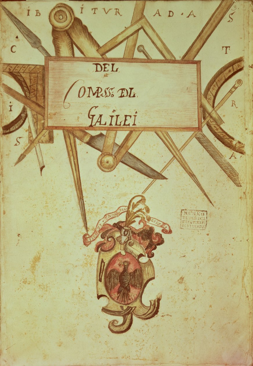 Gal.37 f.3r Frontispice til et kopimanuskript af The Operation of Geometric and Military Compasses skrevet af Galileo Galilei (1564-1642) af Italian School