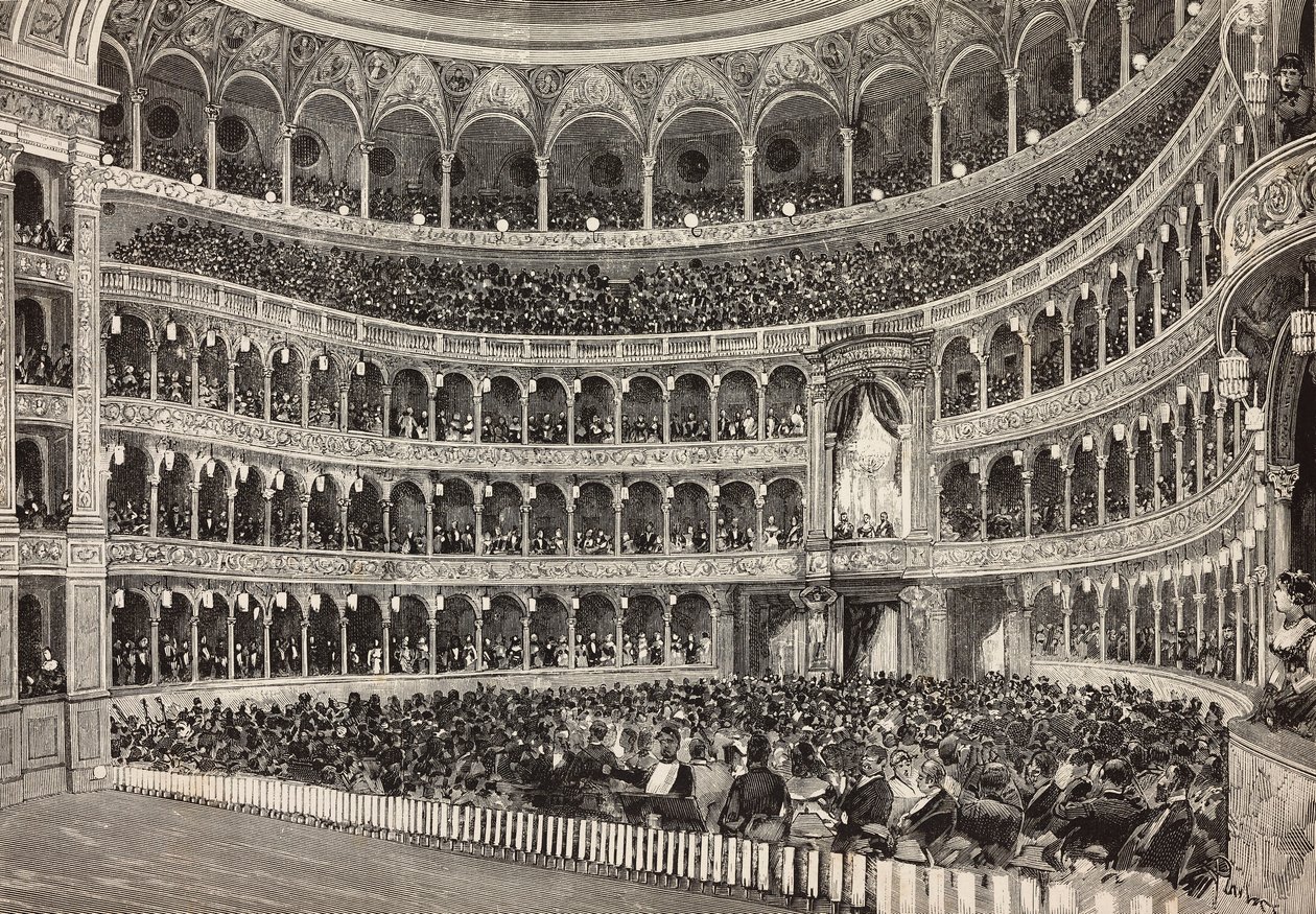 Gallaaften i Costanzo-teatret til ære for kronprinsen af Tyskland (fremtidens Frederik III), Rom, Italien, gravering fra tegning af Dante Paolocci, fra L