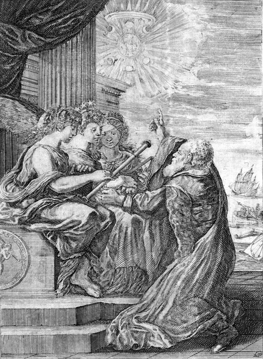 Galileo, astronom (1564 - 1642) præsenterer teleskopet for de tre nåder. Med sin højre hånd angiver han planeten Jupiter med sine satellitter opdaget af ham selv og dedikeret til Medici-familien. Frontispice de “”Opere di Galileo”” Bologna af Italian School
