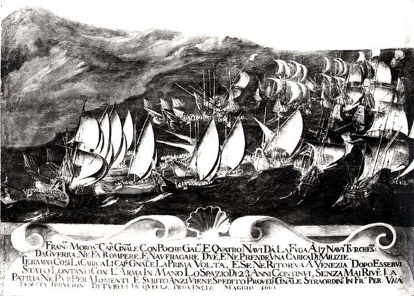 General Francisco Morosini (1618-94) og den venetianske flåde i et møde med den tyrkiske flåde ud for Kretas kyst, maj 1661 af Italian School