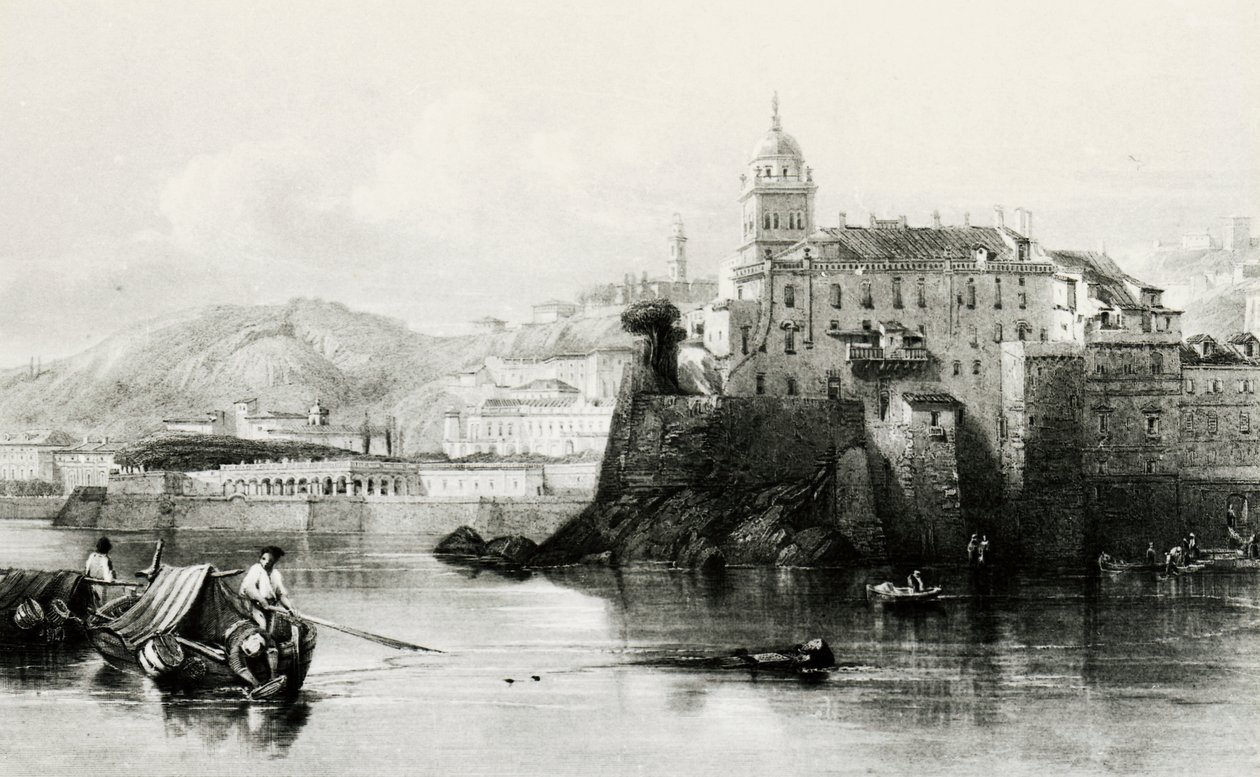 Genova marinamur med Villa Doria Pamphili i baggrunden, gravering, ca 1850, Italien af Italian School