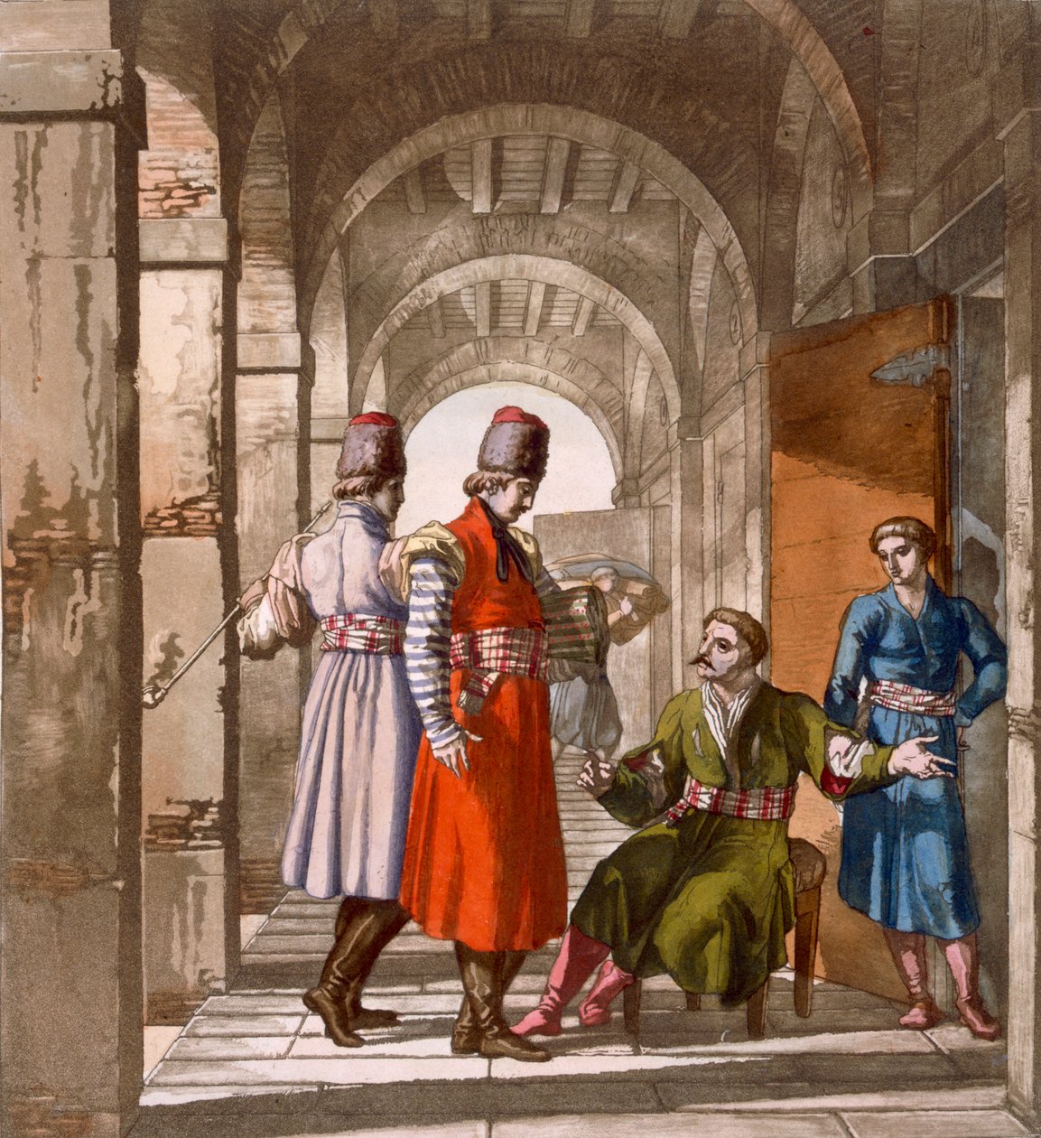 Georgiske mænd, der chatter og ryger i en spillehal, ca. 1820