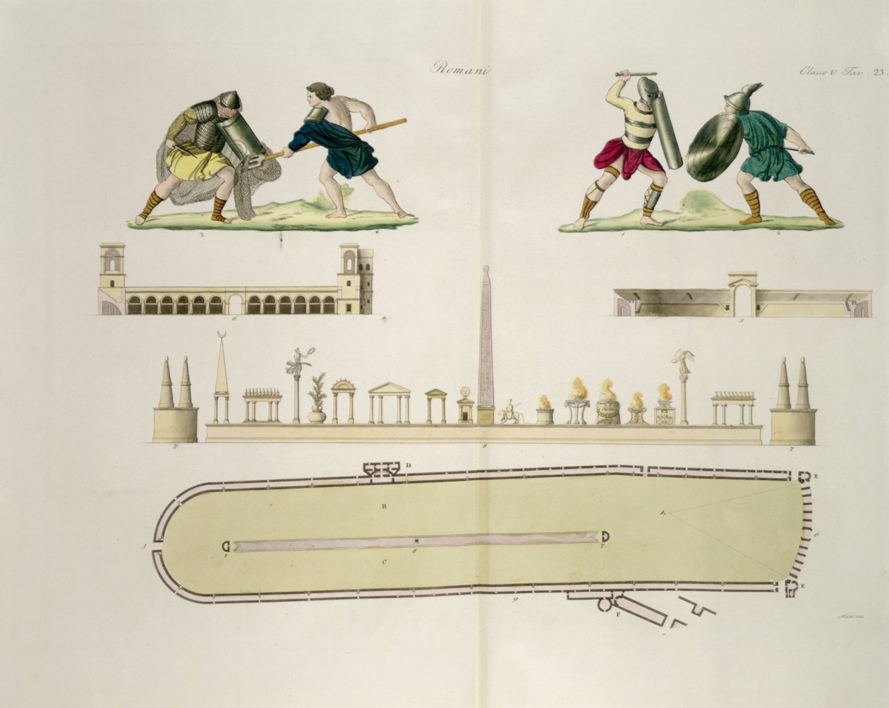 Gladiatorer og en plan for cirkus i Caracalla, plade 23A, klasse 5 fra del I af Nationernes historie, indgraveret af A. Nani (akvatint) af Italian School