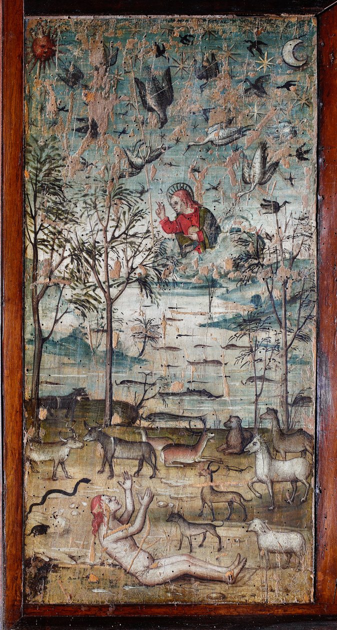 Gud skaber Adam, dyr, land, himmel og vand Træmaleri, der dekorerer et skabspanel af det gamle sakristi Bramante (Maleri i Bramantes sakristi) Basilica di Santa Maria delle Grazie, Milano, Italien af Italian School
