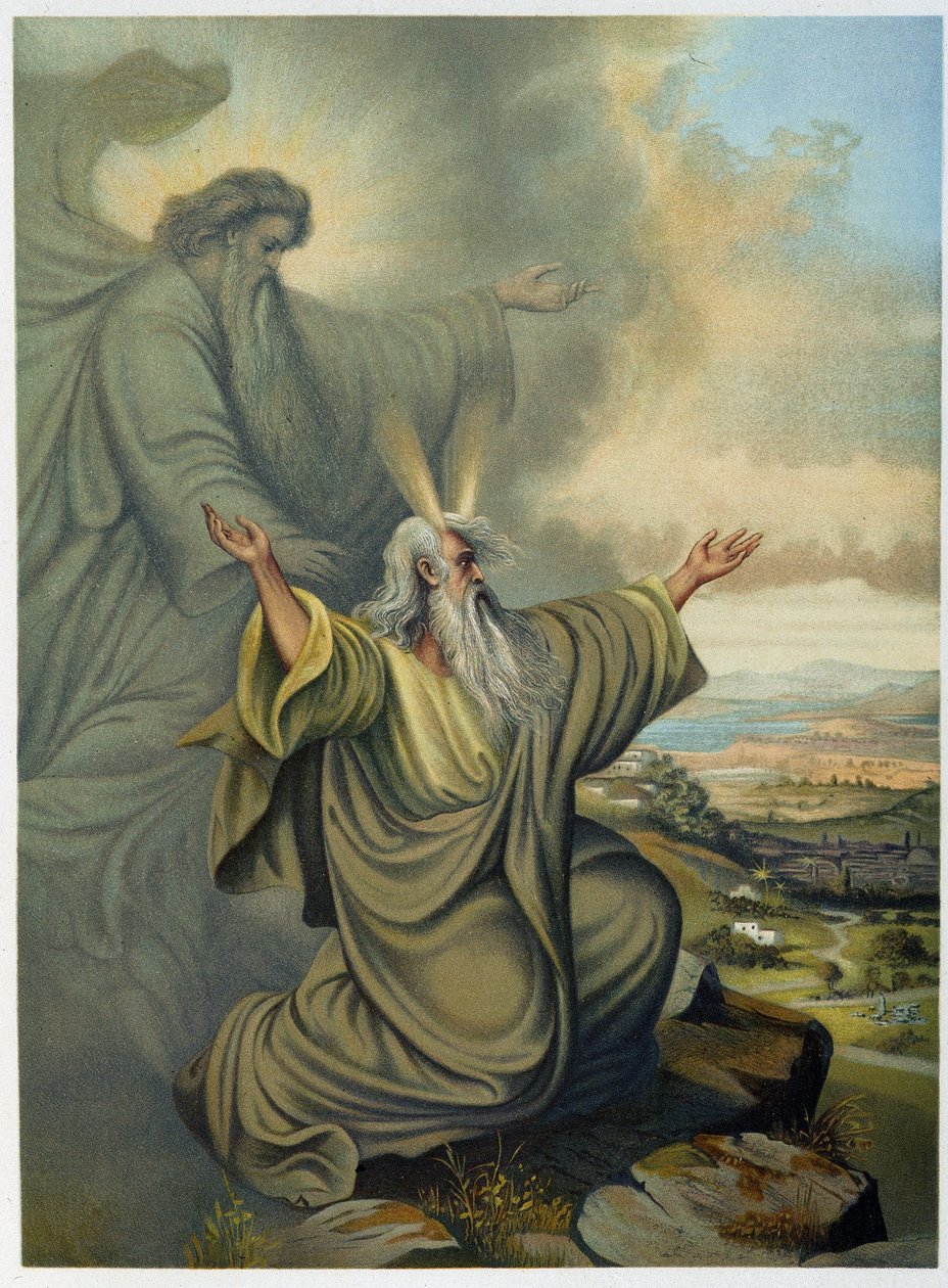 Gud viser Moses det forjættede land - i "Classic Golden Bible: History of Divine Revelation in the Ancient and New Tension" "af Giovanni Ladislao Sykora (bind 1), oversat af Don Clemente Benetti. (italiensk bibel) af Italian School