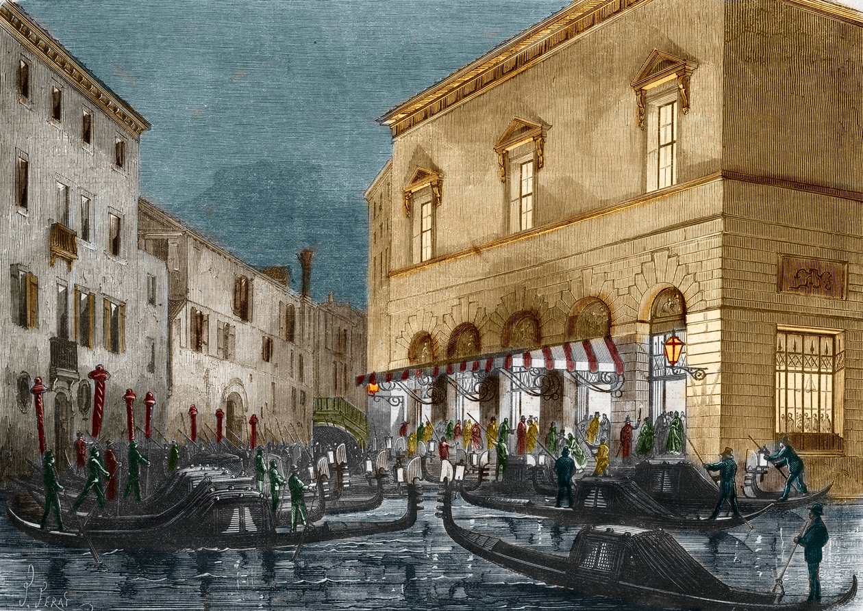 Gondolierer venter på tilskuere uden for Teatro La Fenice, Venedig, Italien, fra Le Monde Illustre n°564, 1868 af Italian School