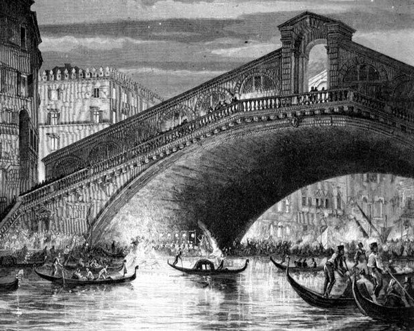 Canal Grande og Rialtobroen under karnevallet af Italian School