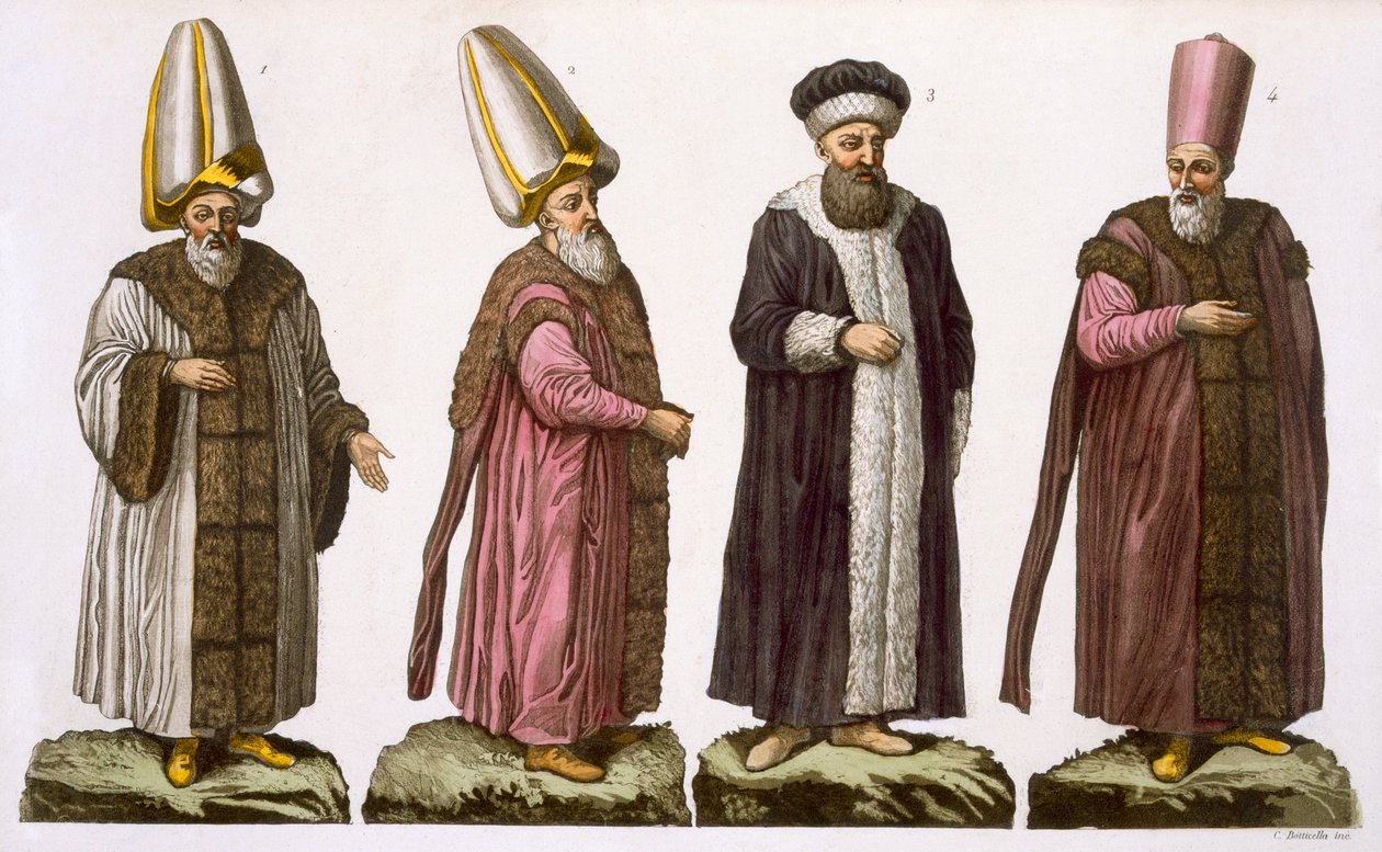 Grand Visir, Caim-Mecam, Reis-Efendi og Khodjakian, plade 15 fra del III, bind I af Nationernes historie, indgraveret af C. Botticella (akvatint) af Italian School
