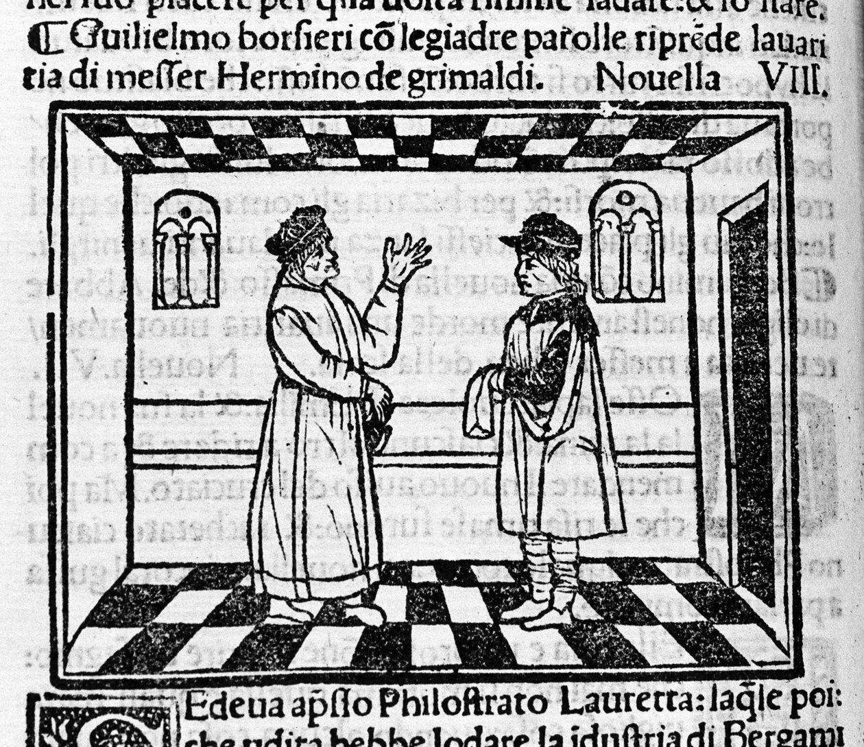 Grimaldis nærige Erminio står over for Guglielmo Borsiere, som forsøger at trække penge ud af ham med fine ord. Illustration til den nye 61 (ny 8 af den første dag) af "Decameron"" af Giovanni Boccaccio dit Jean Boccaccio (1313-1375), italiensk forfatter.  af Italian School