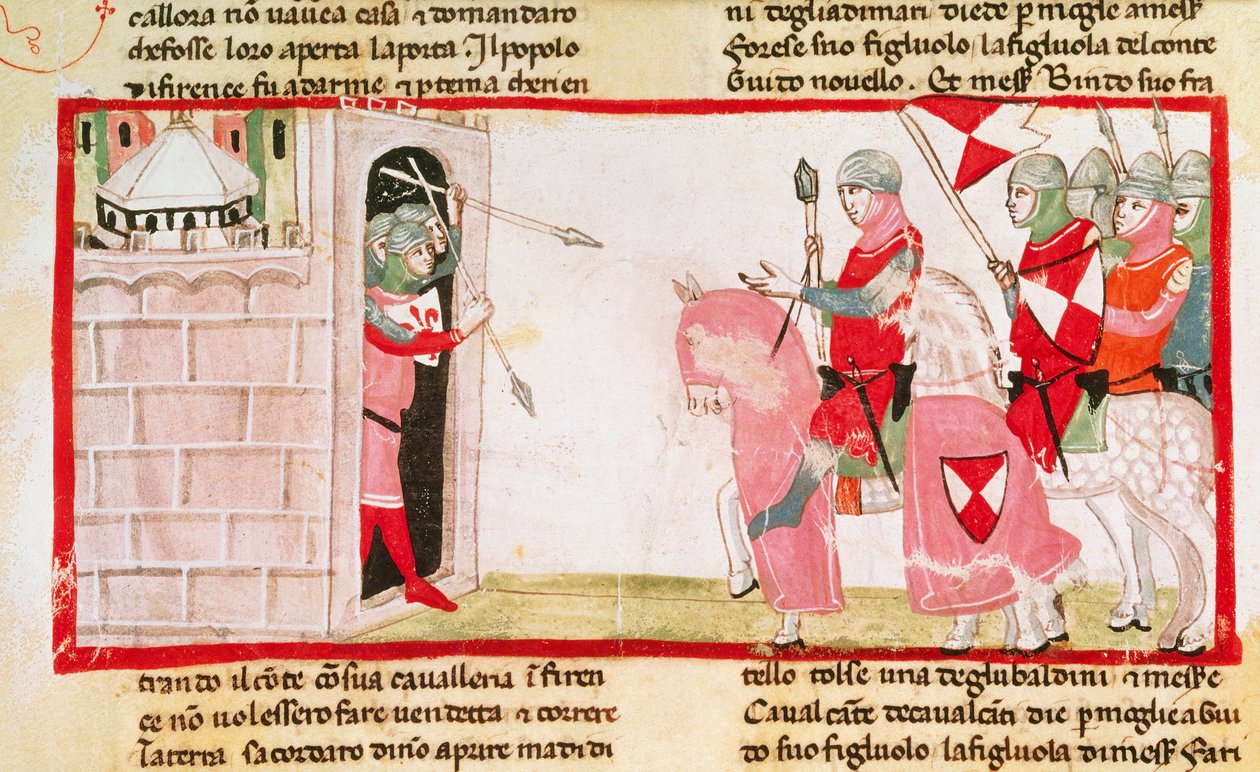 Guelfs blokerer Ghibellines fra at komme ind i byen igen, miniature fra Cronica (Chronicles) af Giovanni Villani, manuskript, Italien 14. århundrede. af Italian School
