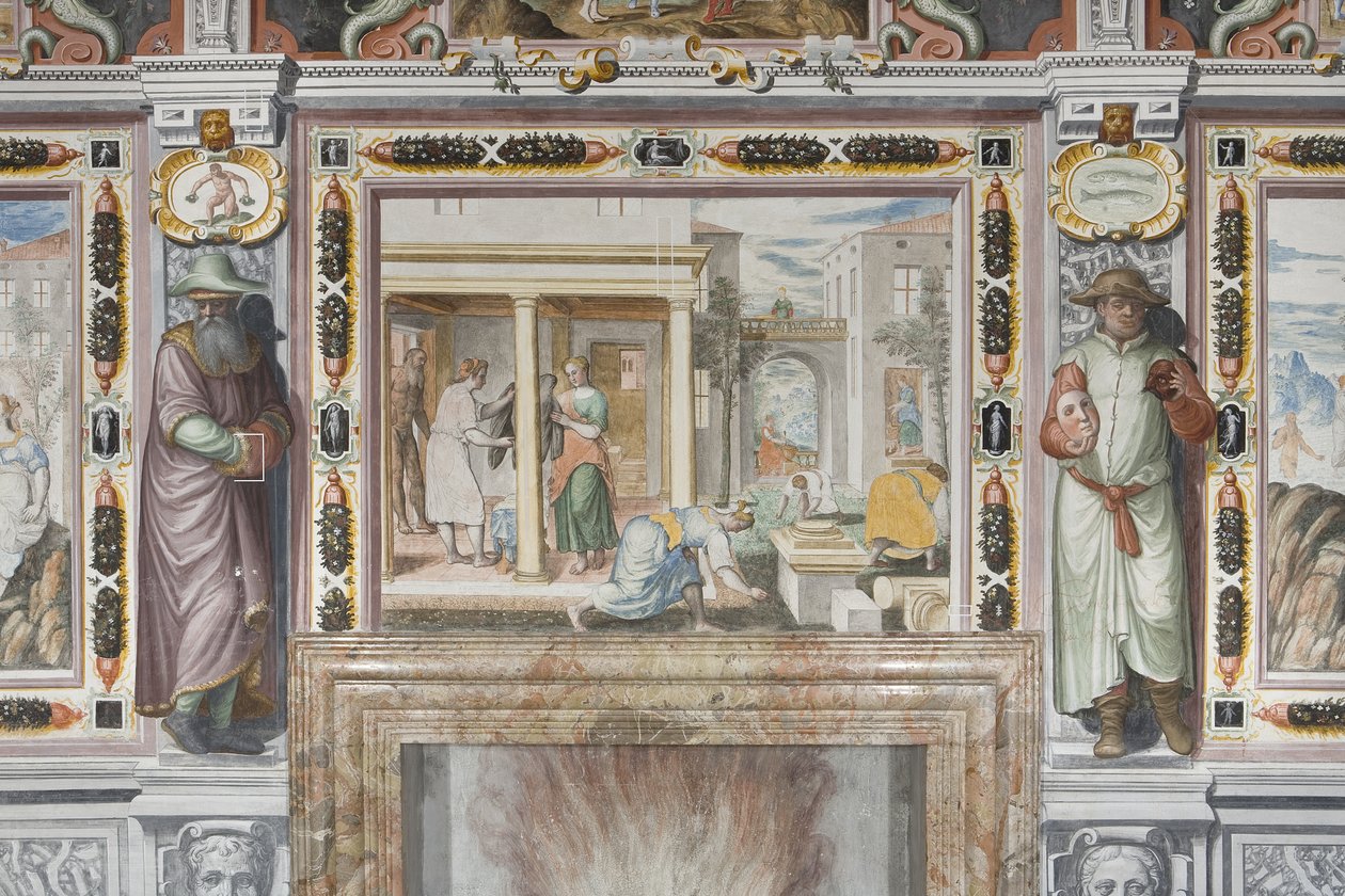 Hall of the Zodiac: Guder, der straffer mænd og mandlige figurer, der repræsenterer årets måneder (fresco) (detalje af 3496554) af Italian School