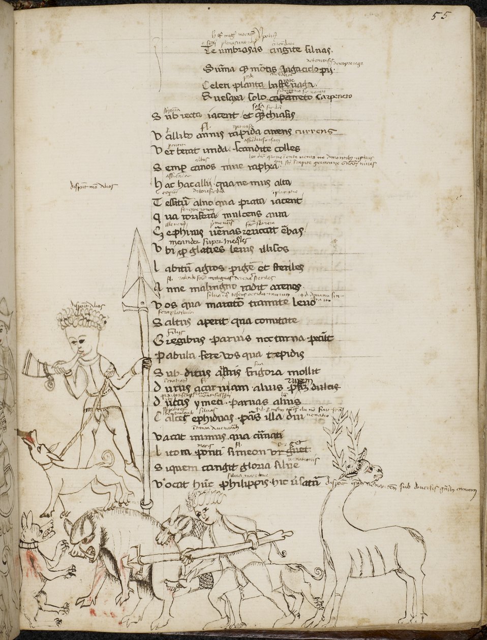 Harley 2453, f.55 En jagtscene med en orne, en kronhjort, jægere, hunde og en hare, fra 
