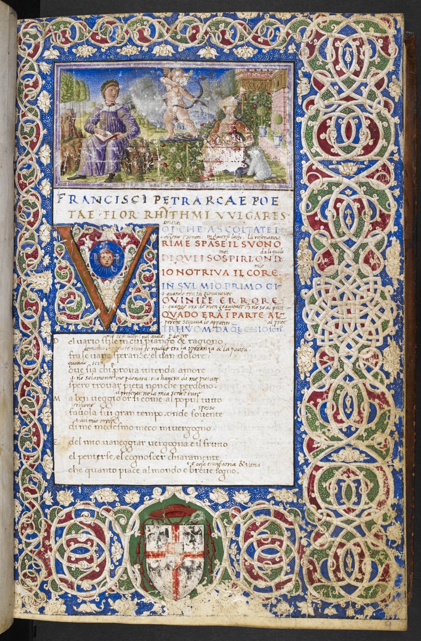 Harley 3567, f.9 Miniature of Petrarch and Laura, med kærlighed rettet sin pil mod Laura, fra 
