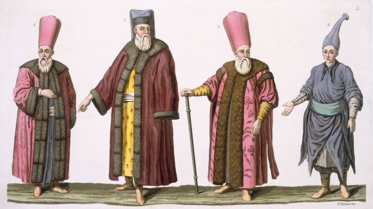 Head Usher of the Harem, Captain of the Harem Ushers, Harem Usher and Pageboy, plade 3 fra del III, bind I af The History of the Nations, indgraveret af V. Raineri (akvatint) af Italian School