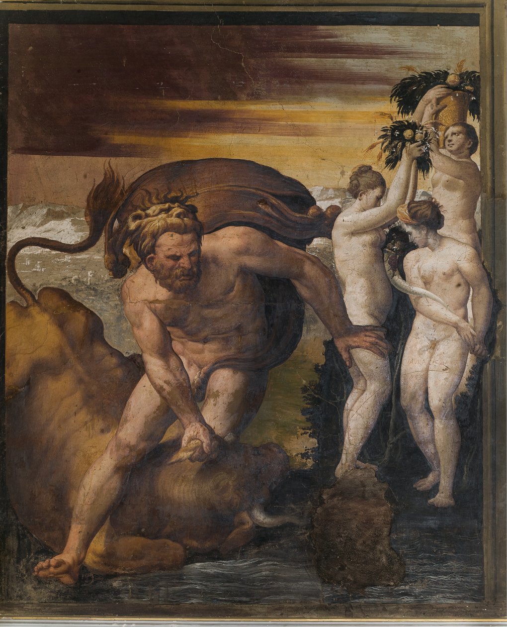 Hercules dræber den kretensiske tyr, fra det gule rum, Rocca Meli Lupi, Soragna, Parma af Italian School
