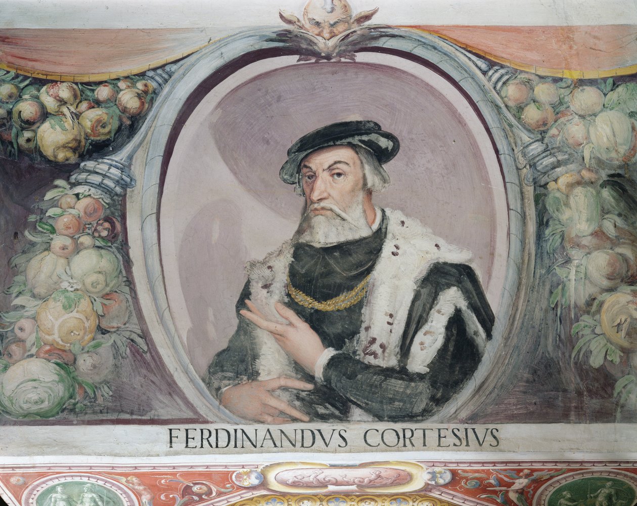 Hernan Cortés, i Sala del Mappamondo af Italian School