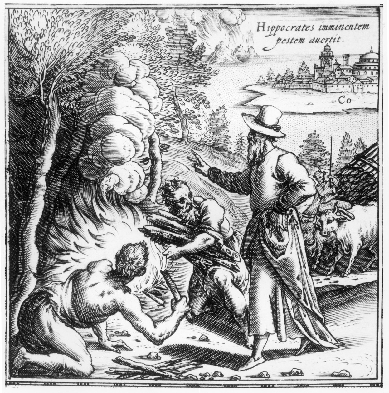 Hippocrates (c.460-c.377 f.Kr.) forklarer vigtigheden af smitte i pestepidemien, titelblad fra Hippocratis Opera Quae Extant, pub. i Venezia, 1588 af Italian School