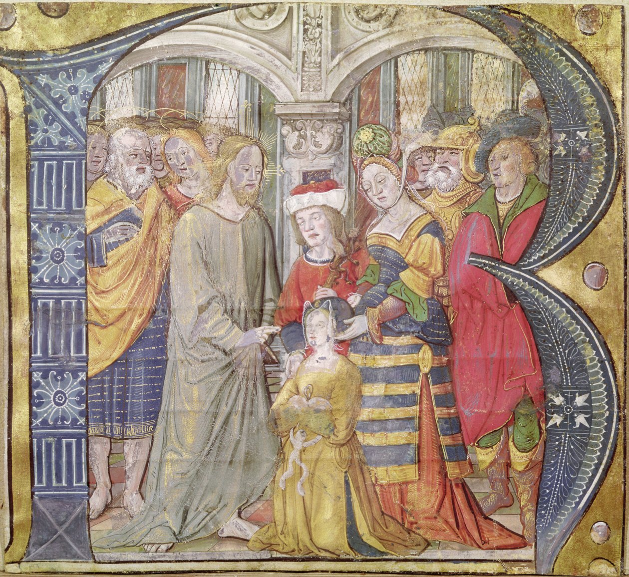 Historikert initial B, der skildrer Kristus, der helbreder en besat kvinde af Italian School