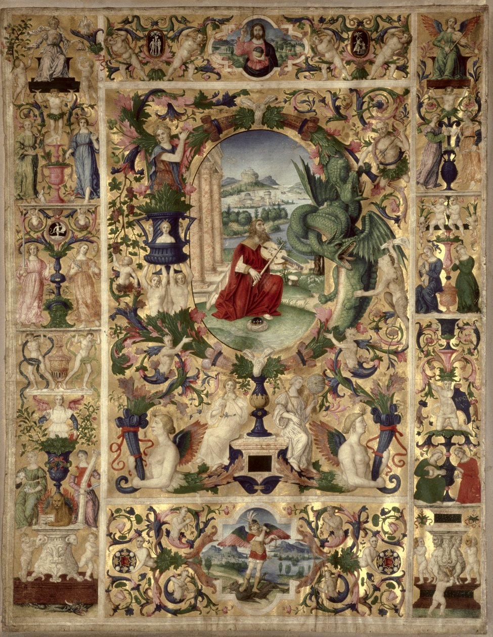 Historik initial B, der viser kong David, der spiller en bratsch af Italian School