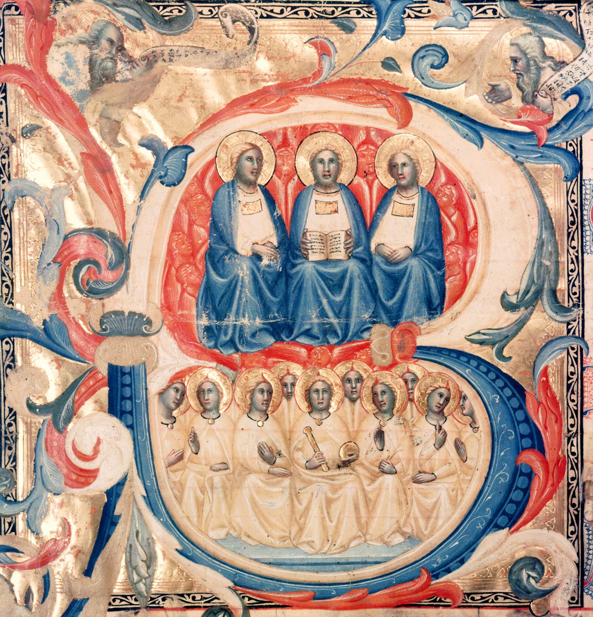 Historikert initial B, der viser treenigheden og Kristus omgivet af engle, Bolognese School, ca. 1340-50 af Italian School