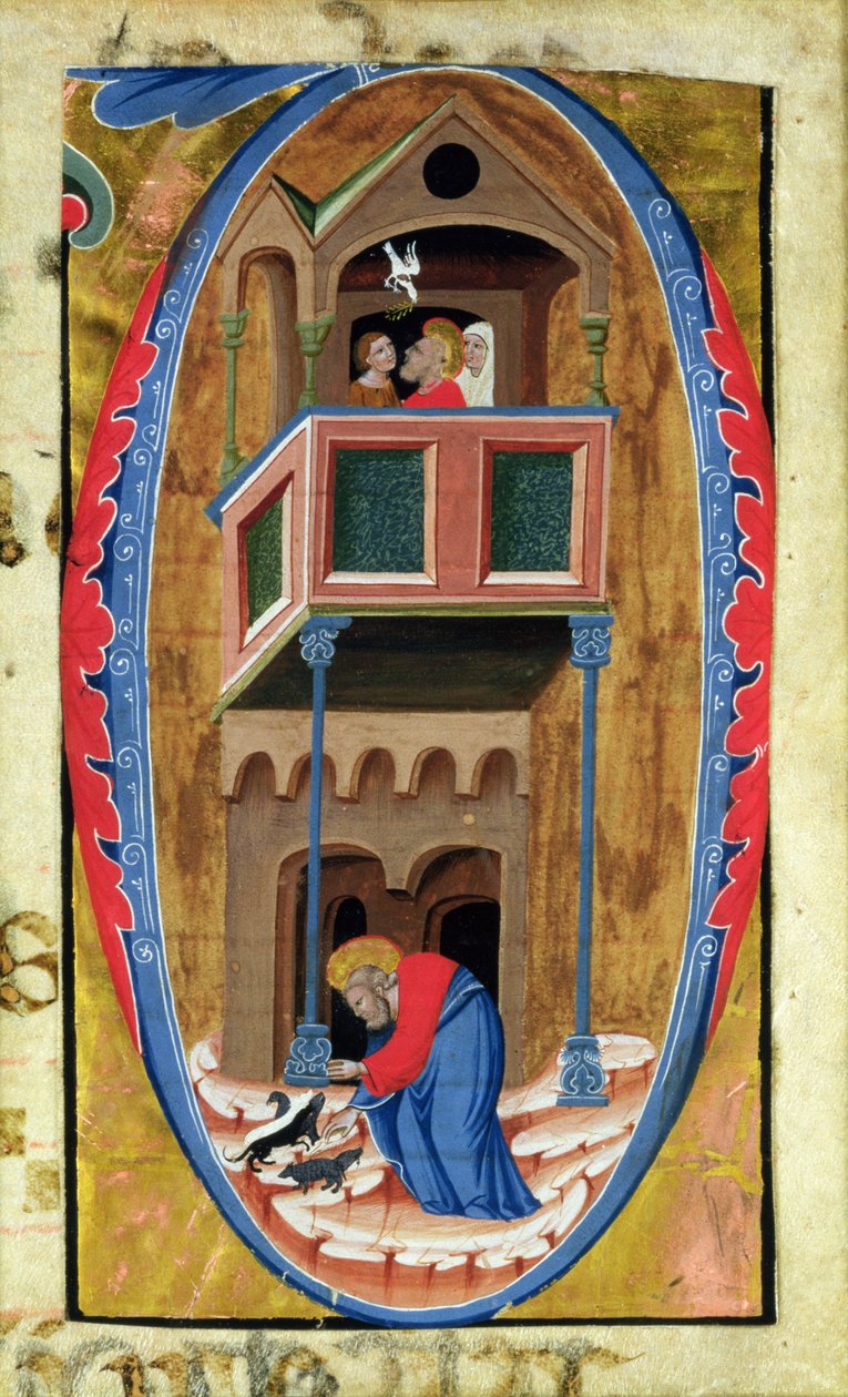 Historikert initial D, der viser scener fra Legend of a Saint, slutningen af det 14. århundrede, af Italian School
