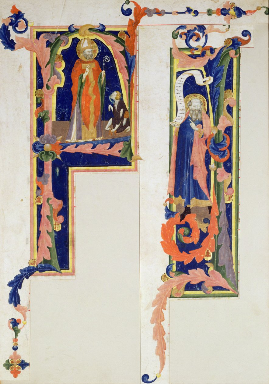 Historikeret initial F, der viser en biskopshelgen, der velsigner en ung krøbling, og I, der forestiller en profet, den florentinske skole af Italian School