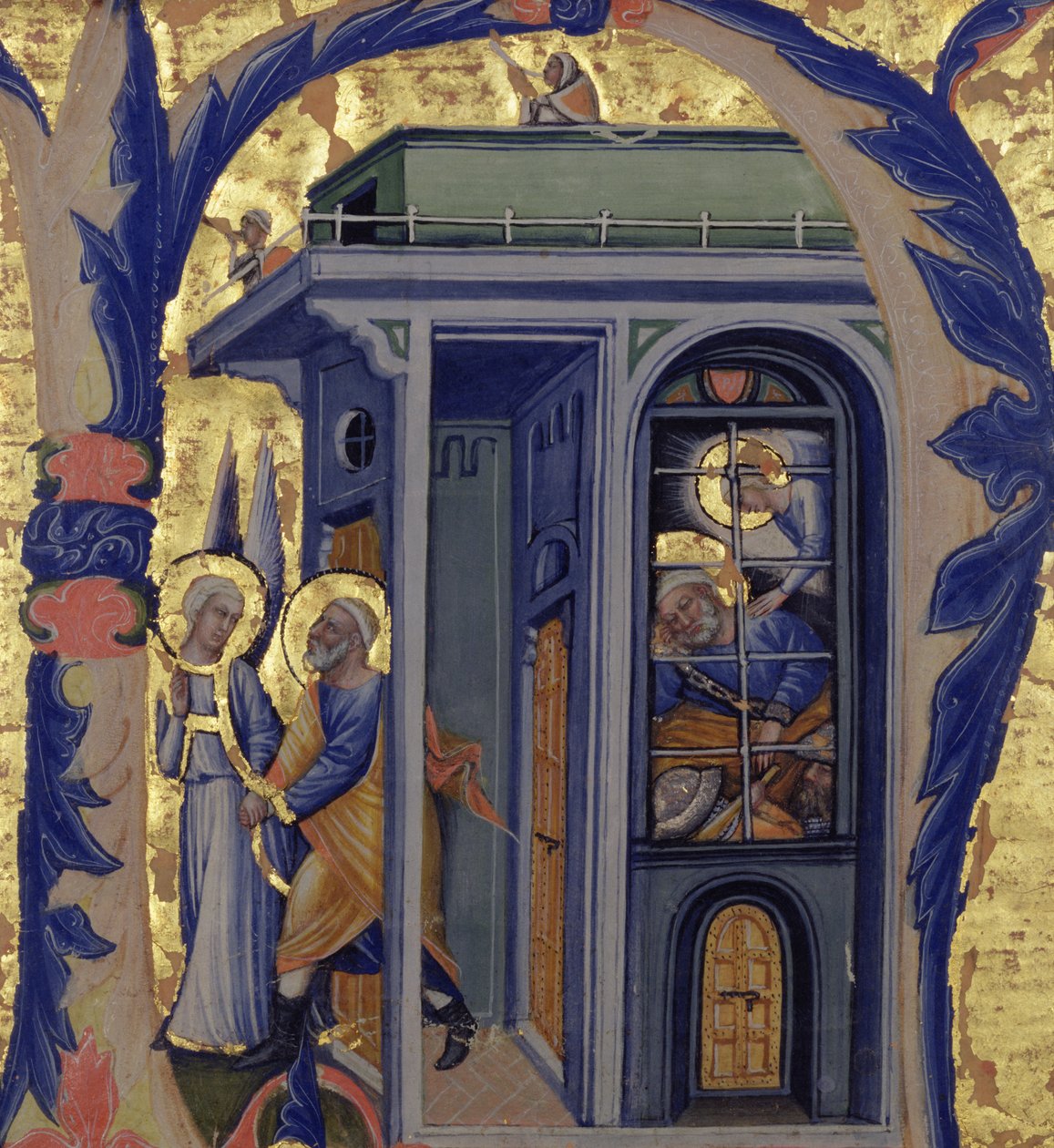 Historikeret initial N, der forestiller befrielsen af St. Peter af Italian School