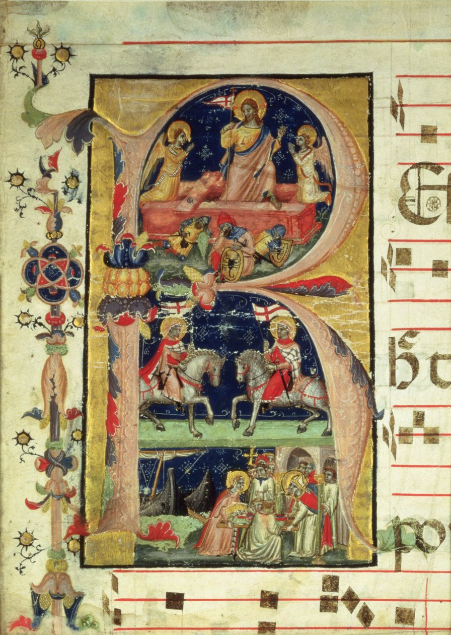 Historikert initial R, der viser opstandelsen, to ridderhelgener og en biskophelgen, der modtager relikvier af Italian School