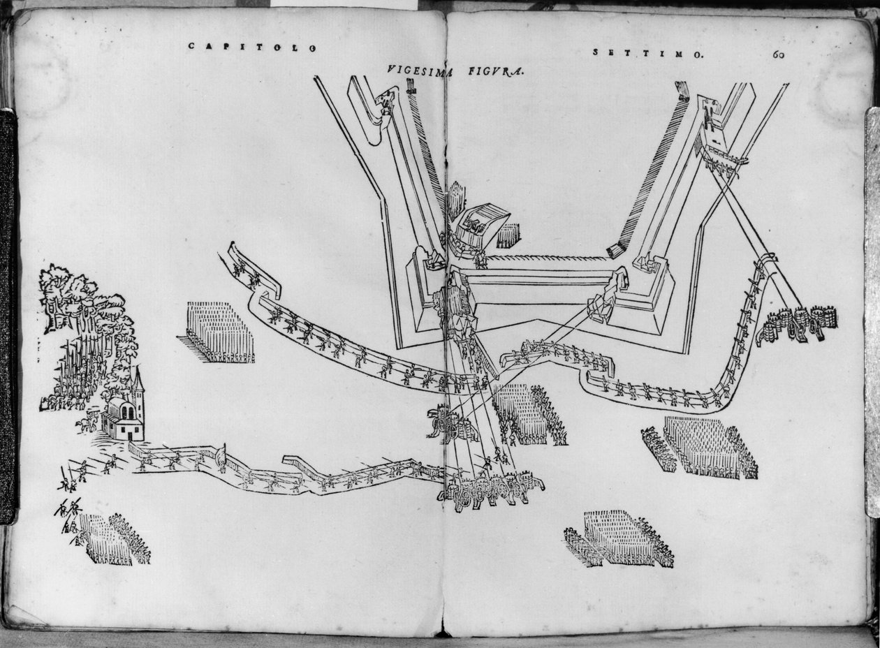 Hvordan man justerer skydestolperne og hvordan man vælger vinklen på væggene, illustration fra Opera nuova di fortificare af Girolamo Cataneo Novarese (fl. ca. 1540-84) Brescia, 1564 af Italian School