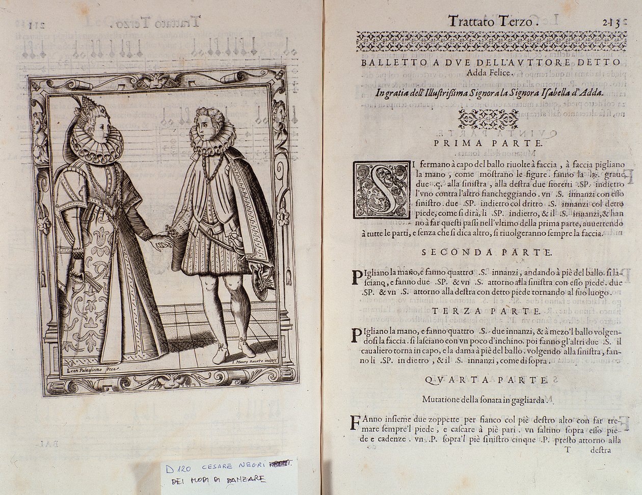 Sådan danser du en ballet for to Dobbeltside af Le Gratie dAmore (Le Grazie dAmore) af den italienske danser Cesare Negri kaldet Il Trombone (1536-1604), traktat om dans af Italian School
